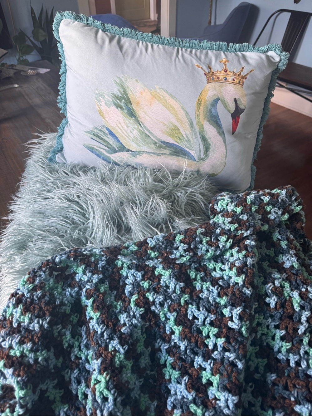Swan Print Decorative Pillow with Teal Fringe - Unbranded